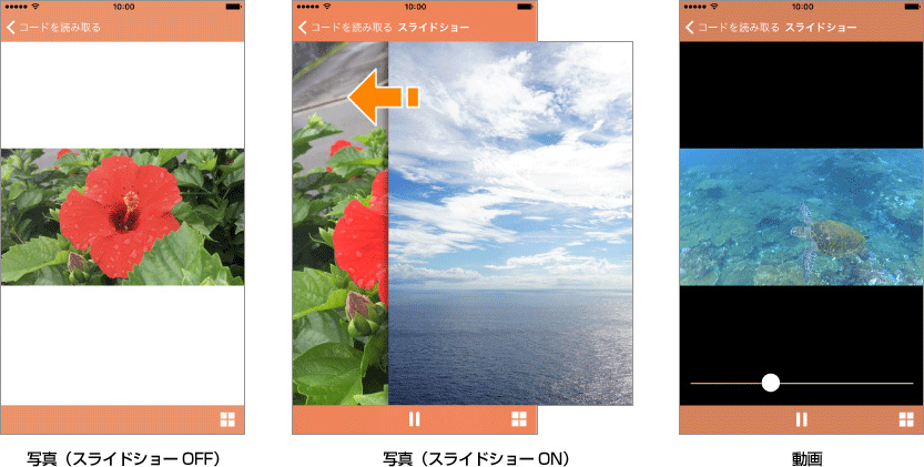 写真(スライドショーOFF) 写真(スライドショーON) 動画