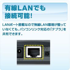 有線LANでも接続可能！ LANポート搭載なので無線LAN環境が整っていなくても、パソコンリンク対応の「テプラ」を共有できます。