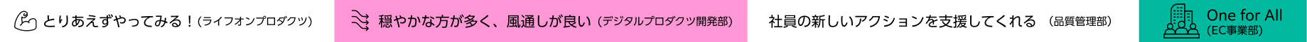 とりあえずやってみる！　穏やかな方が多く、風通しが良い　社員の新しいアクションを支援してくれる　One for All