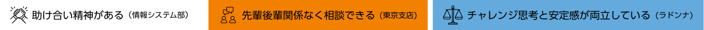 助け合い精神がある　先輩後輩関係なく相談できる　チャレンジ思考と安定感が両立している
