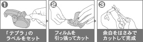 1.「
テプラ」のラベルをセット 2.フィルムを引っ張っ
てカット 3.余白をはさみでカットして完成