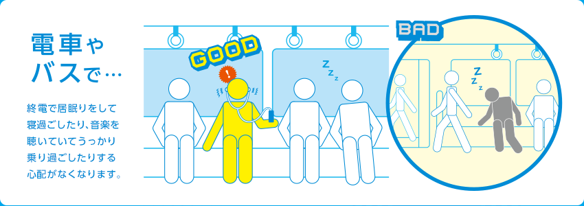 電車やバスで…終電で居眠りをして寝過ごしたり、音楽を聴いていてうっかり乗り過ごしたりする心配がなくなります。