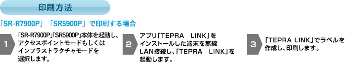 印刷方法 「SR5900P」で印刷する場合1.「SR5900P」本体を起動し、アクセスポイントモードまたはインフラストラクチャモードを選択します。 2. アプリ「TEPRA LINK」をインストールした端末を無線LAN接続し、「TEPRA LINK」を起動します。 3.「TEPRA LINK」でラベルを作成し、印刷します。