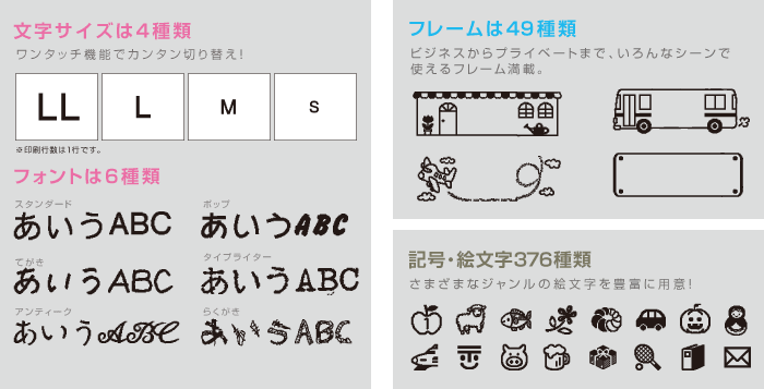 文字サイズは4種類 ワンタッチ機能でカンタン切り替え！ LL L M S フォントは6種類 スタンダード ポップ てがき タイプライター アンティーク らくがき フレームは49種類 ビジネスからプライベートまで、いろんなシーンで使えるフレーム満載。 記号・絵文字376種類 さまざまなジャンルの絵文字を豊富に用意！