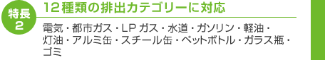 特長2　12種類の排出カテゴリーに対応　電気・都市ガス・LPガス・水道・ガソリン・軽油・灯油・アルミ缶・スチール缶・ペットボトル・ガラス瓶・ゴミ