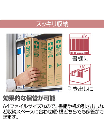 スッキリ収納 書棚に 引き出しに 効果的な保管が可能 A4ファイルサイズなので、書棚や机の引き出しなど収納スペースに合わせ縦・横どちらでも保管ができます。