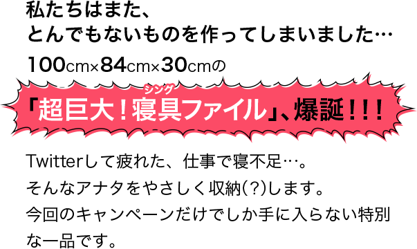 私たちはまた、とんでもないものを作ってしまいました…100cm×84cm×30cmの「超巨大!寝具ファイル」、爆誕!!!Twitterして疲れた、仕事で寝不足…。そんなアナタをやさしく収納(?)します。今回のキャンペーンだけでしか手に入らない特別な一品です。