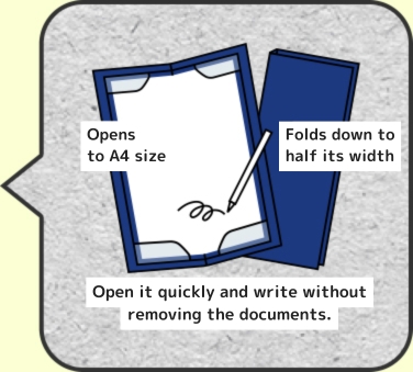 Opens to A4 size Folds down to half its width Open it quickly and write without removing the documents.