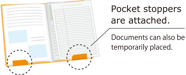 Pocket stoppers are attached. Documents can also be temporarily placed.
