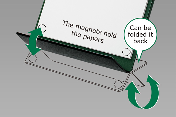 The magnets hold the papers Can be folded it back