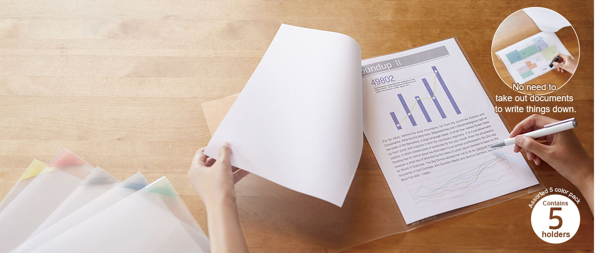 No need to take out documents to write things down. Made with 40% recycled PP. Assorted 5 color pack