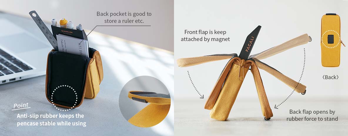 Point Anti-slip rubber keeps the pencase stable while using. Back pocket is good to store a ruler etc. Front flap is keep attached by magnet. Back flap opens by rubber force to stand