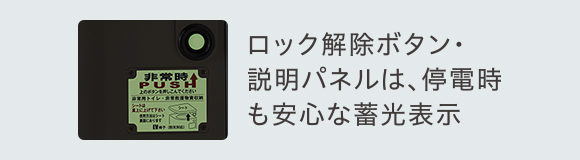 ロック解除ボタン・説明パネルは、停電時も安心な蓄光表示