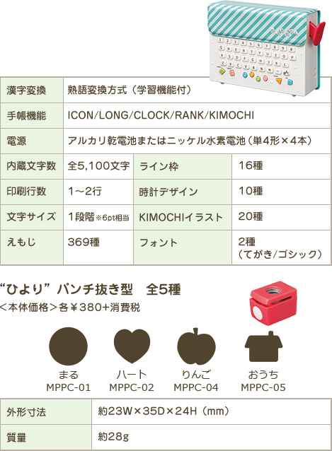 キングジム スケジュールシールプリンター ひより ひよりパンチ 抜き型「まる」 抜き型「ハート」付き MP365GS 通販