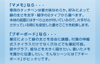 「マメモ」なら・・・専用のタッチペンは書き味なめらか。好みによって線の太さを太字・細字の2タイプから選べます。本体の底面にはすべり止めが付いているので、片手がふさがっている時にも安定した書きごこちを約束します。「ブギーボード」なら・・・筆圧によって線の太さを自由に調整。付属の伸縮式スタイラスだけでなく爪などでも筆記可能。図やグラフ、絵などを大きく描きたい。書いたメモを誰かに伝達したい。そんなシーンには「ブギーボード」がピッタリです。