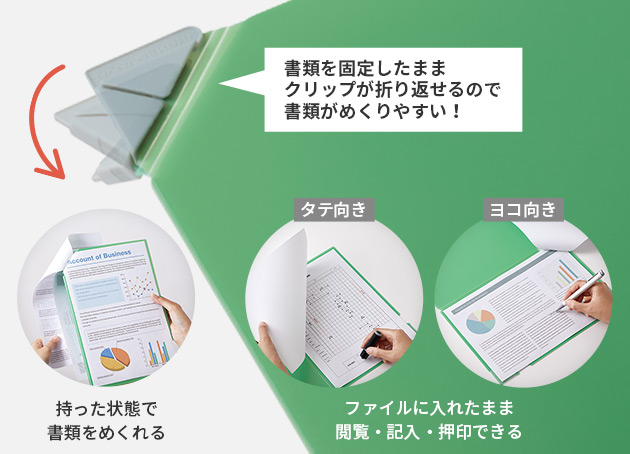 書類を固定したままクリップが折り返せるので 書類がめくりやすい！ 持った状態で書類をめくれる タテ向き ヨコ向き ファイルに入れたまま閲覧・記入・押印できる