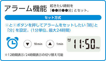 アラーム機能：起きたい時刻を「●●時●●分」とセット。セット方式 上矢印と下矢印ボタンを押してアラームをセットしたい「時」と「分」を設定。（1分単位、最大24時間）※12時間表示／24時間表示の切り替え可能