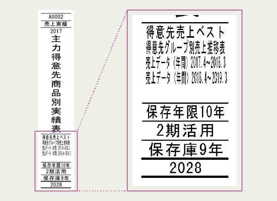 日付や年月の必要情報を入れた背表紙ラベル